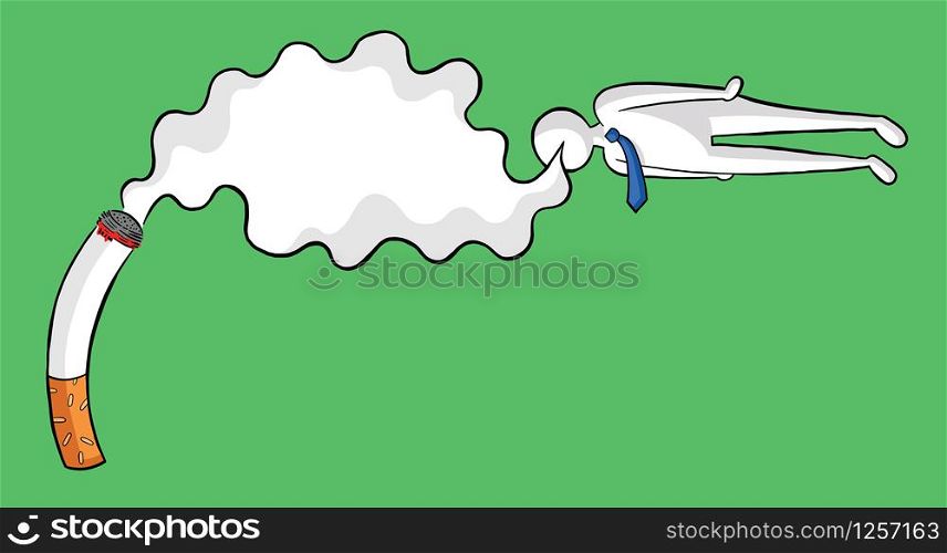 Cigarette addict businessman flies by sniffing cigarette smoke vector illustration. Black outlines and colored, blue background.