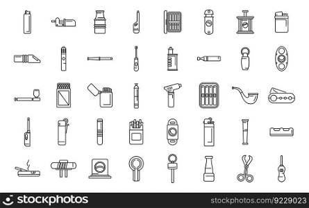 Cigarette and cigar accessories icons set outline vector. Box cutter. Pack burn. Cigarette and cigar accessories icons set outline vector. Box cutter
