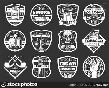 Cigarette and cigar badges of tobacco and smoke shop vector design. Cigarette packs, lighters and smoking pipes, skull, tobacco leaves and ashtray, vape, hookah and cigar cutter monochrome icons. Cigarette packs, cigar, skull, tobacco leaf, vape