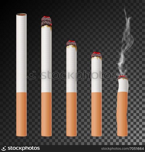 Cigarette Set Vector. Realistic Cigarette Butt. Different Stages Of Burn. Isolated Illustration. Burning Classic Smoking Cigarette On Transparent Background.. Cigarette Set Vector. Realistic Cigarette Butt. Different Stages Of Burn. Isolated Illustration. Burning Classic Smoking Cigarette