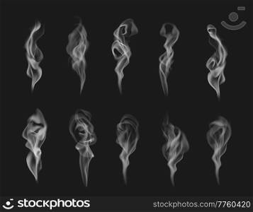 Cigarette smoke or steam realistic vector effect of white haze, mist, fog or marijuana vapor fume on black background. 3d transparent clouds, wave flows and smooth streams of cigarette or hookah smoke. Cigarette smoke or steam realistic vector effect
