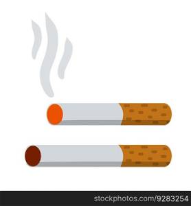 Cigarette. Smoking and a cigarette butt with smoke. Bad habit. Harm and health. Flat cartoon illustration isolated on white. Set of Horizontal objects. Cigarette. Smoking and a cigarette butt