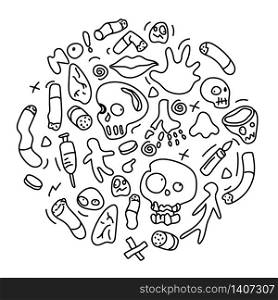 Cigarettes and drugs, harmful to health, a collection of drugs concepts, vector illustration and doodle art.