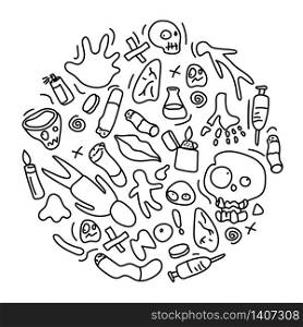 Cigarettes and drugs, harmful to health, a collection of drugs concepts, vector illustration and doodle art.
