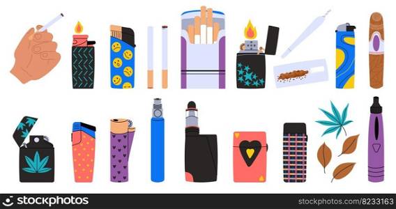 Cigarettes and lighters isolated elements. Vape and cigar, e-cigarette and decorative gas lighter. Doodle smokers accessories, decent vector collection of cigarette light, smoker lighter illustration. Cigarettes and lighters isolated elements. Vape and cigar, e-cigarette and decorative gas lighter. Doodle smokers accessories, decent vector collection