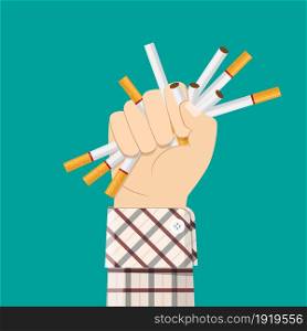 Cigarettes in fist hand. giving up smoking. stop smoking concept. Vector illustration in flat style. Cigarettes in fist hand. giving up smoking.