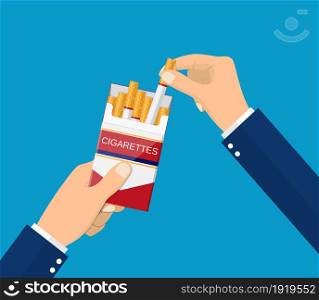 Cigarettes in hand man. Smoker holding open pack of cigarettes. Dangers of smoking. Vector illustration in flat style. Cigarettes in hand man.