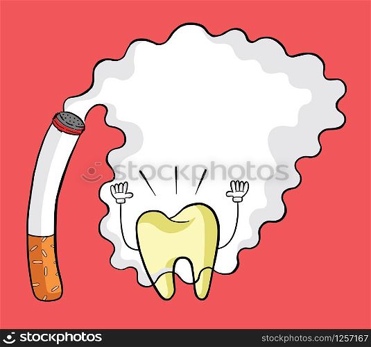 Cigarettes, smoke and yellowed teeth vector illustration. Black outlines and colored, red background.