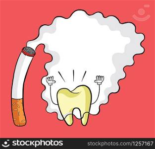 Cigarettes, smoke and yellowed teeth vector illustration. Black outlines and colored, red background.