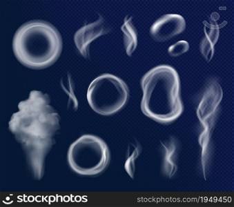 Cigarettes smoke circles. Gray flowing steam shapes fumes toxic smoke decent vector realistic templates. Illustration smoke toxic from cigarette, curve transparent smoking air. Cigarettes smoke circles. Gray flowing steam shapes fumes toxic smoke decent vector realistic templates