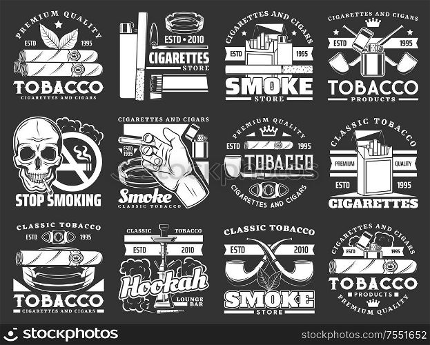 Cigars, cigarettes and premium quality tobacco products icons. Vector tobacco smoking shop, hookah and shisha bar, cigar cutters, lighters and matches box stop smoking sign and tobacco leaf. Quality tobacco products, cigars and cigarettes