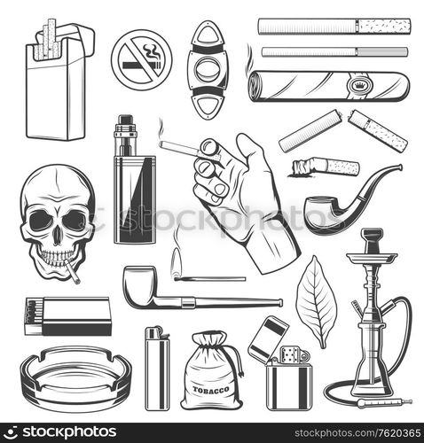 Cigars, cigarettes and premium quality tobacco products, smoking accessories. Vector skull with cigarette and stop smoking sign, vape tobacco cartridge and lighter with cigar cutter, shisha and hookah. Smoking cigarettes, cigars and hookah shisha