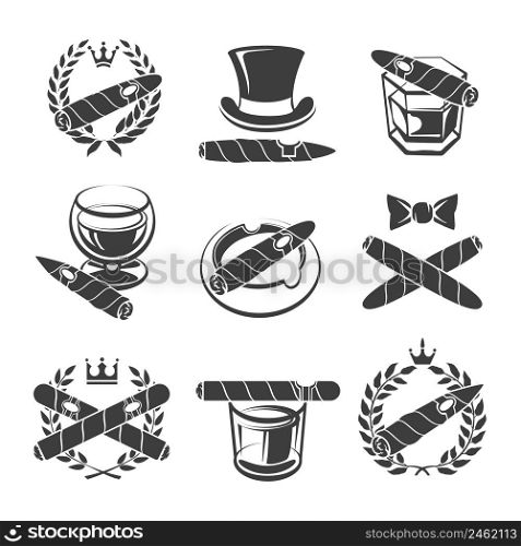 Cigars logo set. Tobacco and nicotine, addiction and drink. Vector illustration. Cigars logo set