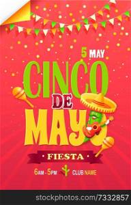 Cinco de May fiesta bright promo poster with cactus in sombrero that holds guitar. Cinco de May Mexican holiday advertisement banner with garland.. Cinco de May Fiesta Bright Promotional Poster