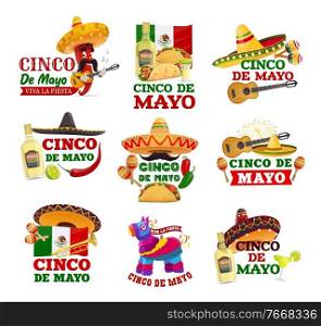 Cinco de Mayo and Viva Mexico isolated icons. Vector fiesta party sombrereo hats, maracas, Mexican flag and guitar, chilli pepper musician, tequila margarita, tacos and pinata, jalapeno and burrito. Cinco de Mayo and Viva Mexico isolated icons