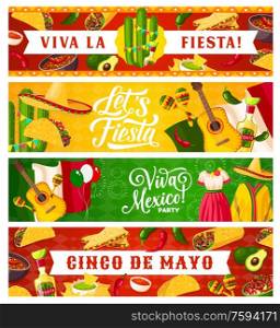 Cinco de Mayo and Viva Mexico vector Mexican holiday greeting banners. Sombrero hats, chilli peppers, maracas and cactuses, fiesta mariachi guitars, Mexico flag, nachos, tequila and tacos. Cinco de Mayo Mexican holiday banners