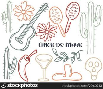 Cinco de mayo attributes isolated illustration. Set of traditional Mexican holiday elements. Vector doodle collection may 5. Cinco de mayo attributes isolated illustration