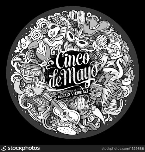Cinco de Mayo. Cartoon vector hand drawn Doodle illustration. Line art detailed round design background with objects and symbols. All objects are separated. Cinco de Mayo. Cartoon vector hand drawn Doodle illustration