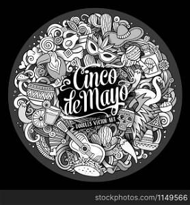 Cinco de Mayo. Cartoon vector hand drawn Doodle illustration. Line art detailed round design background with objects and symbols. All objects are separated. Cinco de Mayo. Cartoon vector hand drawn Doodle illustration