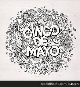 Cinco de Mayo. Cartoon vector hand drawn Doodle illustration. Line art detailed design background with objects and symbols. All objects are separated. Cinco de Mayo. Cartoon vector hand drawn Doodle illustration