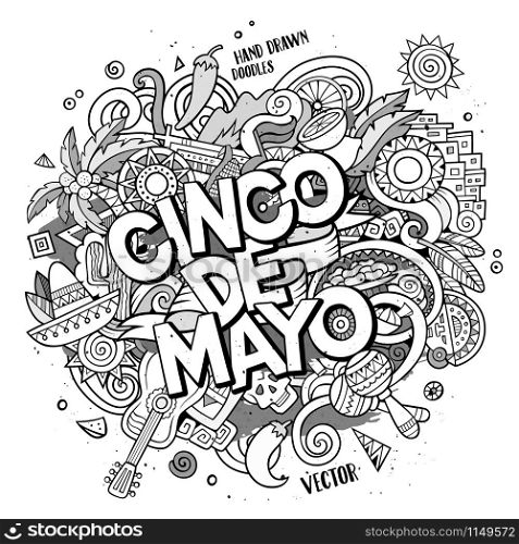 Cinco de Mayo. Cartoon vector hand drawn Doodle illustration. Line art detailed design background with objects and symbols. All objects are separated. Cinco de Mayo. Cartoon vector hand drawn Doodle illustration