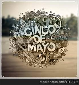 Cinco de Mayo. Cartoon vector hand drawn Doodle illustration. Detailed design with objects and symbols. All objects are separated. Vector blurred background. Cinco de Mayo. Cartoon vector hand drawn Doodle illustration