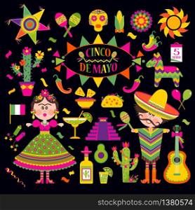 Cinco de Mayo celebration in Mexico, icons set, design element, flat style.Collection objects for Cinco de Mayo.. Cinco de Mayo celebration in Mexico, set, design icons.Collection objects for Cinco de Mayo parade with pinata, food, sambrero, tequila, cactus, flag. Vector illustration.