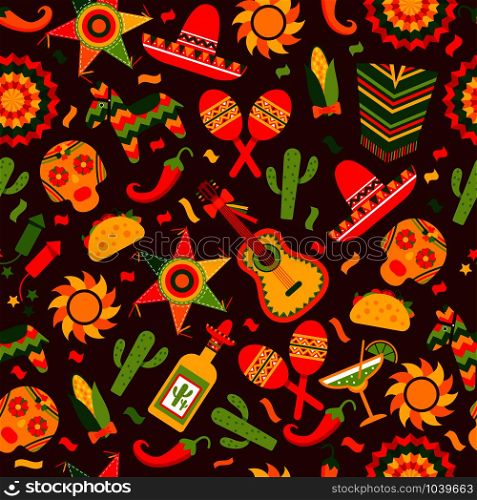Cinco de Mayo celebration in Mexico, seamless pattern ond brown with, food, sambrero, tequila, cactus.. Cinco de Mayo celebration in Mexico, seamless pattern ond brown with, food, sambrero, tequila, cactus.Vector illustration.