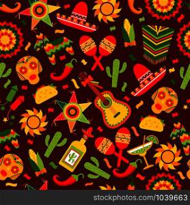 Cinco de Mayo celebration in Mexico, seamless pattern ond brown with, food, sambrero, tequila, cactus.. Cinco de Mayo celebration in Mexico, seamless pattern ond brown with, food, sambrero, tequila, cactus.Vector illustration.