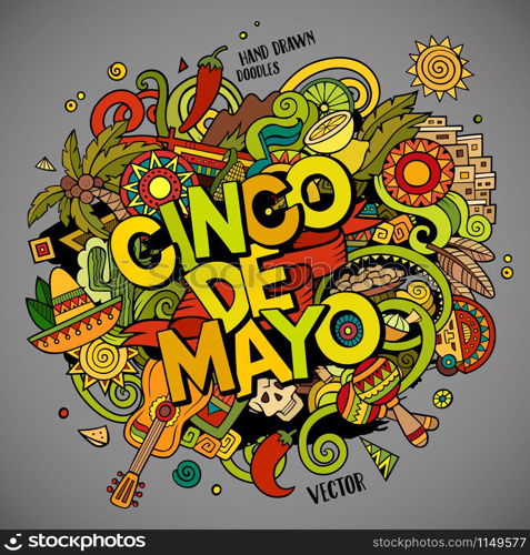 Cinco de Mayo colorful festive background. Cartoon vector hand drawn Doodle illustration. Multicolored bright detailed design with objects and symbols. All objects are separated. Cinco de Mayo. Cartoon vector hand drawn Doodle illustration