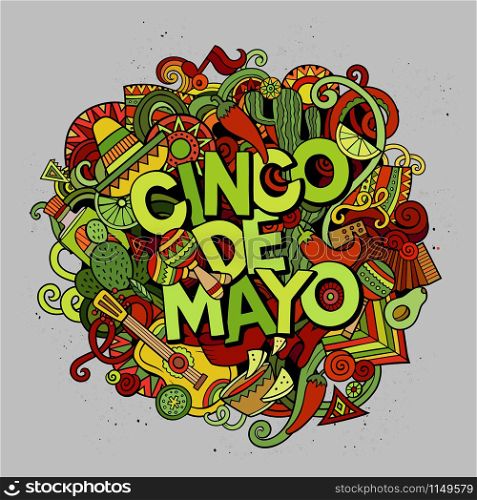 Cinco de Mayo colorful festive background. Cartoon vector hand drawn Doodle illustration. Multicolored bright detailed design with objects and symbols. All objects are separated. Cinco de Mayo. Cartoon vector hand drawn Doodle illustration