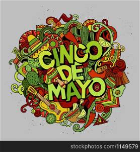 Cinco de Mayo colorful festive background. Cartoon vector hand drawn Doodle illustration. Multicolored bright detailed design with objects and symbols. All objects are separated. Cinco de Mayo. Cartoon vector hand drawn Doodle illustration
