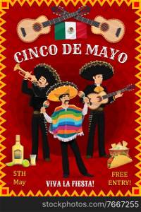 Cinco de mayo festival vector flyer with Mexican musicians Mariachi music band cartoon characters playing guitar, trumpet and maracas. Mexican men in sombrero hat and ponchoat cinco de mayo carnival. Cinco de mayo festival vector flyer with musicians