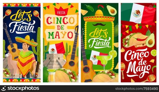 Cinco de Mayo fiesta party vector banners of Mexican holiday. Mexico sombrero hat, maracas and cactuses, chili peppers, Mexican flags, mariachi guitar, mustaches and cigar, margarita, tequila, tacos. Cinco de Mayo Mexican holiday fiesta banners