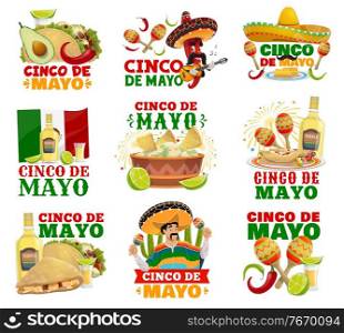 Cinco de Mayo food, sombrero, maracas vector icons of Mexican holiday fiesta. Chilli pepper and mariachi characters with Mexico flag, cactuses, tequila and tacos, burrito, guacamole and quesadillas. Cinco de Mayo food, sombrero and maracas icons