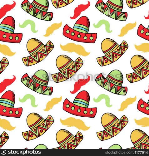 Cinco de mayo funny festive accessory and wearing sombrero or mexican hat. latin american celebration of 5th of may. Festive mexican seamless vector pattern. Cinco de mayo celebration, festive hats accessory seamless vector pattern
