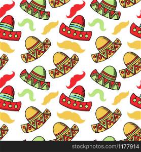 Cinco de mayo funny festive accessory and wearing sombrero or mexican hat. latin american celebration of 5th of may. Festive mexican seamless vector pattern. Cinco de mayo celebration, festive hats accessory seamless vector pattern