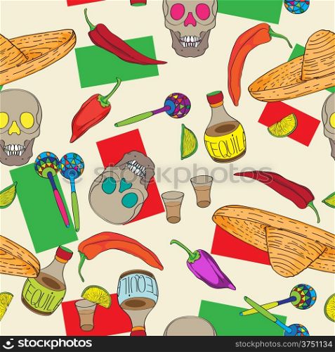 Cinco de mayo hand drawn illustration of a pattern with mexican traditional elements