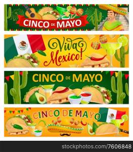 Cinco de Mayo holiday and Viva Mexico vector banners of Mexican fiesta party sombrero hats, maracas, cactuses and chili peppers. Mexican flag, mariachi guitar and mustache, tacos and nachos, tequila. Cinco de Mayo holiday vector banners
