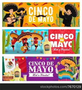 Cinco de Mayo holiday banners, Mexican fiesta celebration party, vector background. Cinco de Mayo 5 May Mexican holiday sombrero, cactus and Mexico flags, traditional guitar, maracas and tequila. Cinco de Mayo holiday banners, Mexican fiesta