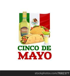 Cinco de Mayo holiday food, vector burrito, tequila with lime and glass shot and tacos near national flag. Traditional cartoon mexican meals and alcohol drink for festive celebration isolated on white. Cinco de Mayo holiday food vector burrito, tequila