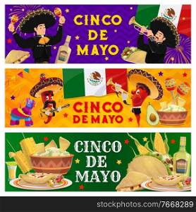 Cinco de Mayo holiday Mexican fiesta party banners, vector peppers with mustaches in sombrero. 5 May Cinco de Mayo Mexican holiday traditional food, guacamole avocado and tequila, guitar and maracas. Cinco de Mayo holiday Mexican fiesta party banners