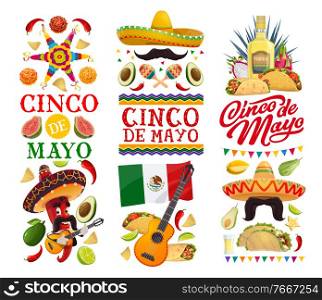 Cinco de Mayo holiday vector banners with Mexican fiesta party food and red chili pepper character. Sombrero hats, maracas and guitars, Mexican flag, tacos and burritos, tequila, pinata and avocado. Cinco de Mayo banners with Mexican food and chilli