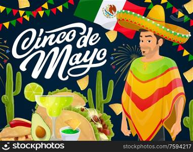 Cinco de Mayo holiday, vector Mexican fiesta sombrero hat, chili peppers and cactuses. Flag of Mexico, margarita, nachos, tacos and tequila, lime and guacamole with festive bunting and fireworks. Cinco de Mayo Mexican holiday sombrero and chili