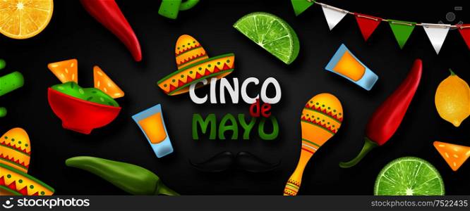 Cinco de Mayo - May 5, Holiday in Mexico. Mexican Banner with National Symbols - Illustration Vector. Cinco de Mayo - May 5, Holiday in Mexico. Mexican Banner with National Symbols