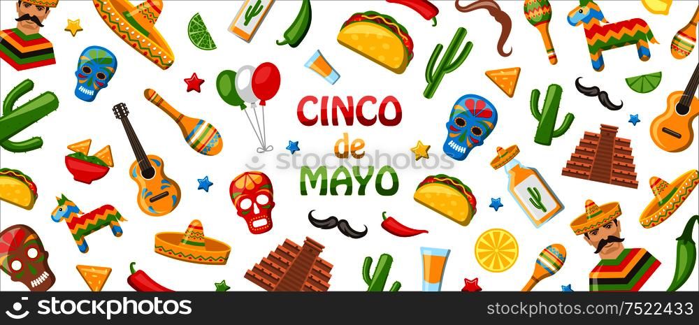 Cinco de Mayo - May 5, Holiday in Mexico. Mexican Banner with Traditional Symbols - Illustration Vector. Cinco de Mayo - May 5, Holiday in Mexico. Mexican Banner with Traditional Symbols