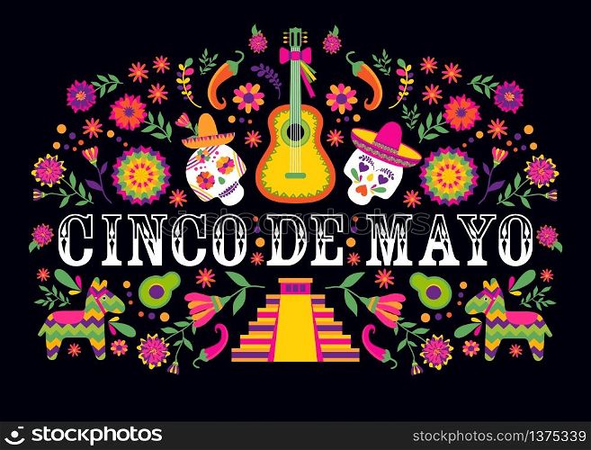 Cinco de Mayo-May 5th- typography banner vector.. Cinco de Mayo-May 5th-typography banner vector. Mexico design for fiesta cards or party invitation, poster. Flowers traditional mexican frame with floral letters on black background.