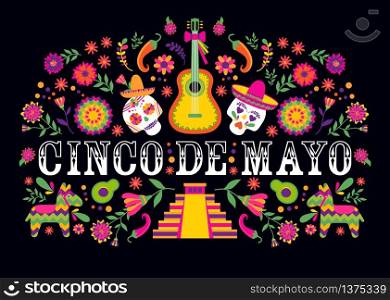Cinco de Mayo-May 5th- typography banner vector.. Cinco de Mayo-May 5th-typography banner vector. Mexico design for fiesta cards or party invitation, poster. Flowers traditional mexican frame with floral letters on black background.
