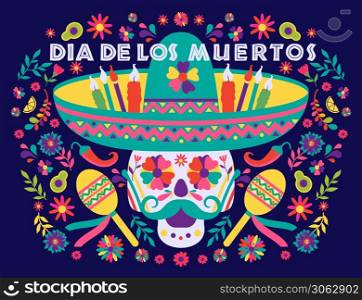 Cinco de Mayo-May 5th- typography banner vector.. Dias de los Muertos trend flat banner vector. In English Feast of death. Mexico design for fiesta cards or party invitation, poster. Flowers traditional mexican frame with floral letters on dark background.