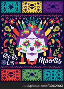 Cinco de Mayo-May 5th- typography banner vector.. Dias de los Muertos trend flat banner vector. In English Feast of death. Mexico design for fiesta cards or party invitation, poster. Flowers traditional mexican frame with floral letters on dark background.